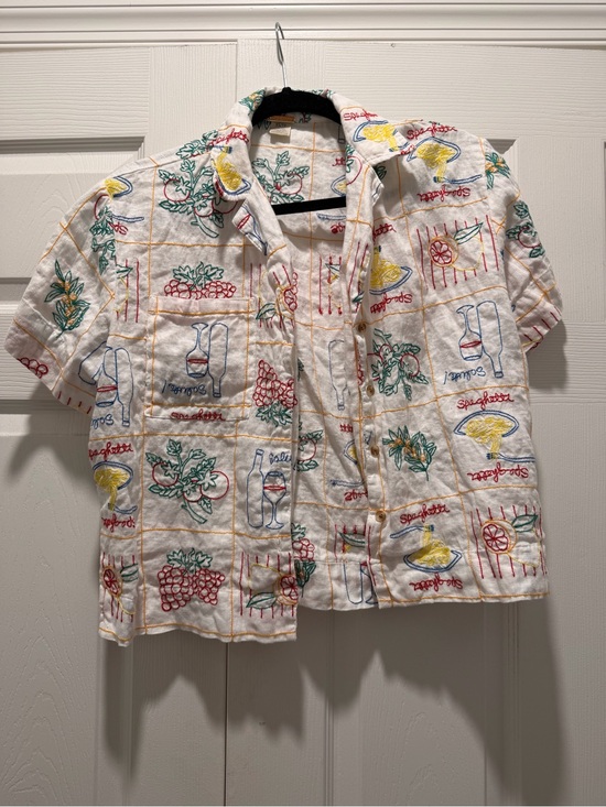 Magaschoni Tops - Magaschoni White Linen Short-Sleeve Shirt with Multicolor Embroidery